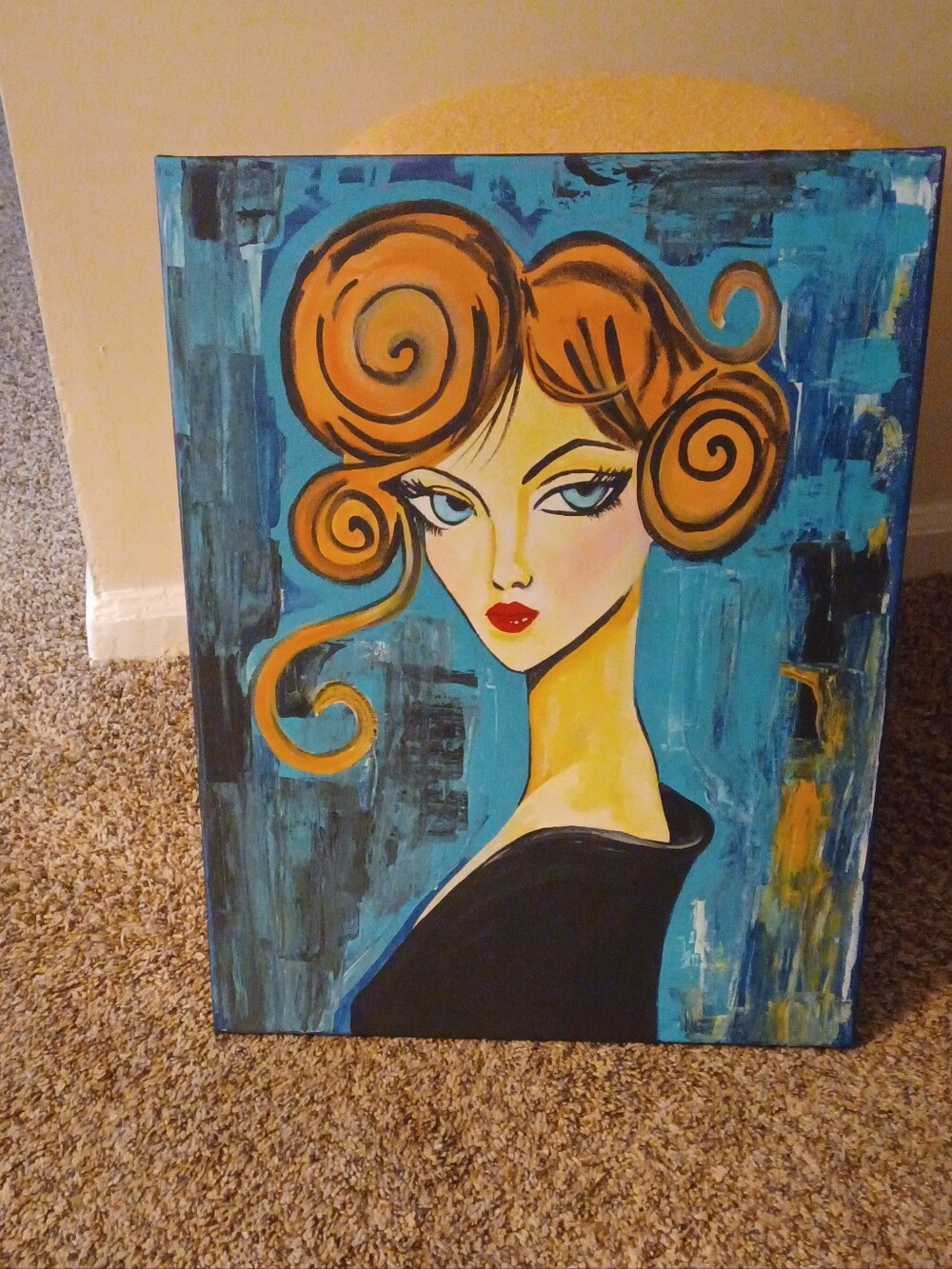 Original Acrylic Turquoise Background Portrait Painting with Gold Hair - Picture 2 of 7